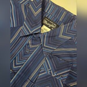 VTG Wrangler Blue Pearl Snap Shiny‎ Silver 80s 90s Y2K Cowboy Western Mens Shirt